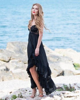 Flared Black Silk Evening Dress with lace and ruffles
